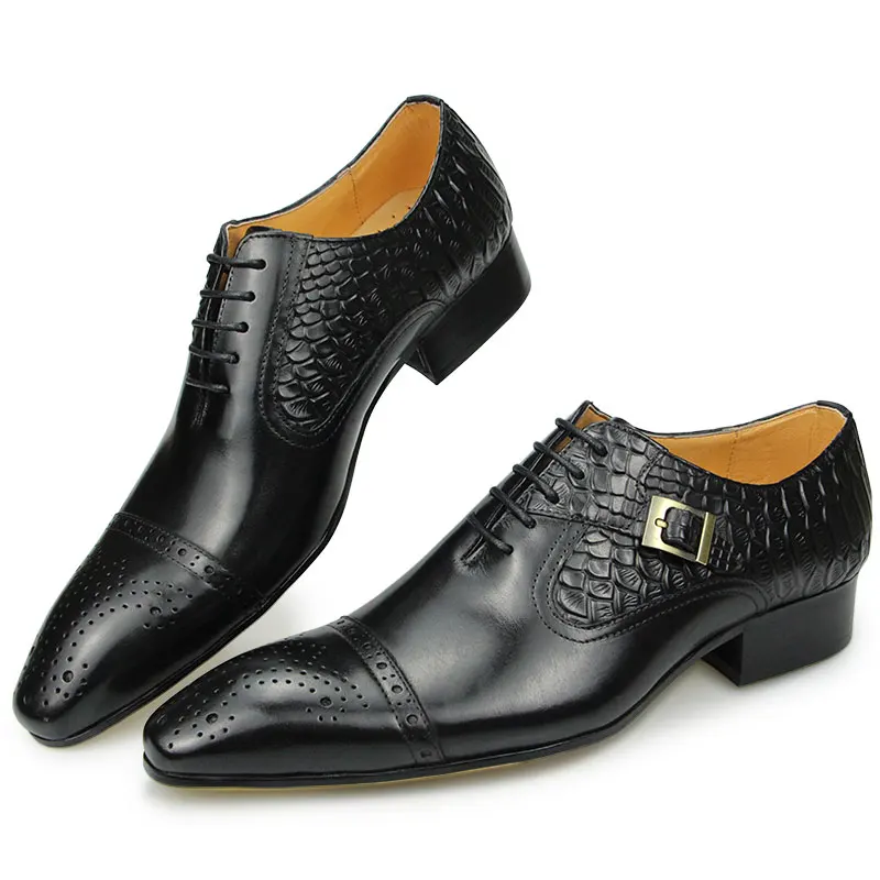 Shoes Men For Wedding Oxford Lace-up Real Leather Crocodile Skin Pattern... - £95.73 GBP