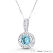 Round Cut Simulated Blue Topaz Cubic Zirconia CZ Halo Pendant in 14k White Gold - £85.41 GBP+