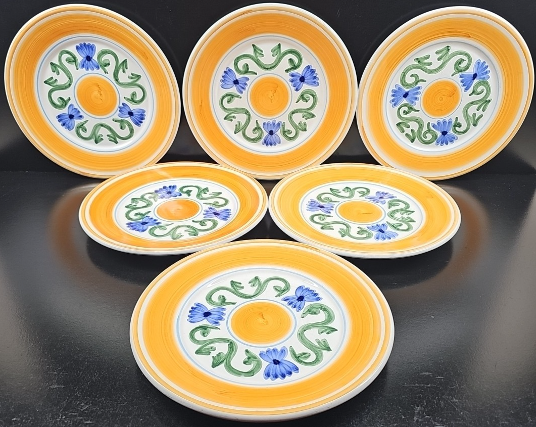 6) Williams Sonoma Floral Salad Plates Set Blue Green Scrolls Yellow Ban... - $98.67