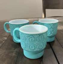 Hazel Atlas Milk Glass Scroll &amp; Dots Embossed Mug Fired-On Turquoise Pai... - $79.19