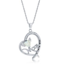 Silver &#39;I Love You, Mom&#39; Angel Wing, CZ Heart Pendant - White Opal - £44.79 GBP