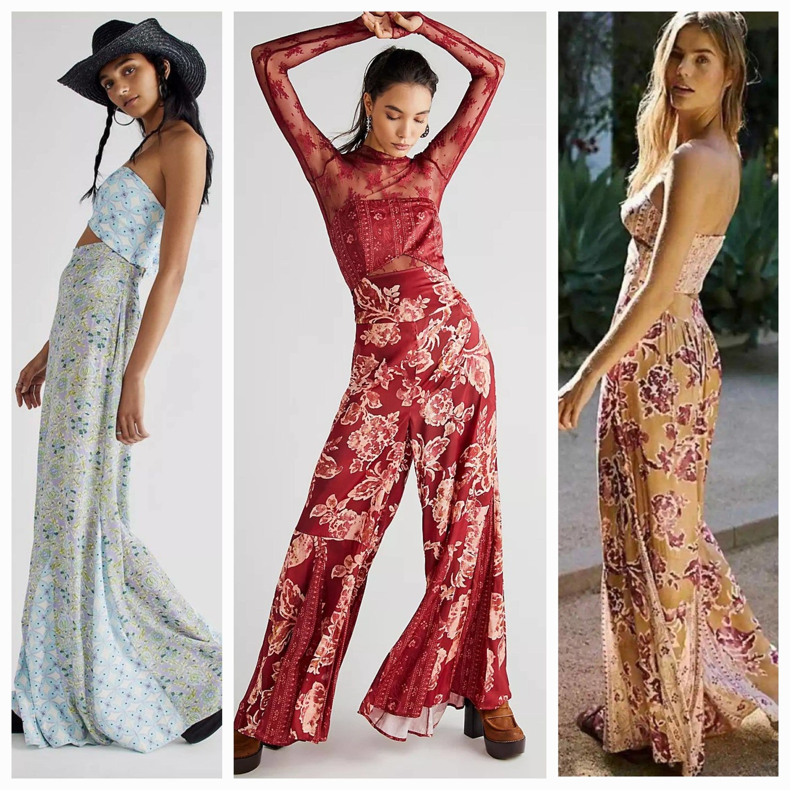 Primary image for NWT Free People Silky Juliet Jumpsuit $228 SMALL Wine Floral Boho Wide Leg