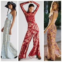 NWT Free People Silky Juliet Jumpsuit $228 SMALL Wine Floral Boho Wide Leg - £78.45 GBP
