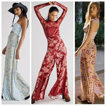 NWT Free People Silky Juliet Jumpsuit $228 SMALL Wine Floral Boho Wide Leg - £77.90 GBP