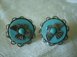 Vintage Earrings Aqua Plastic ~ Silver-tone Thunder Birds - $6.00