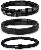 3 PCS Magnetic-Clasp Leather Bracelets for Men Wrap Braided Leather Bracelets Wr - £25.64 GBP
