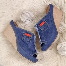 Summer Ladies Shoes With Heels Stylish Womens Blue Cowboy Comfortable Open-Toe S - £29.87 GBP
