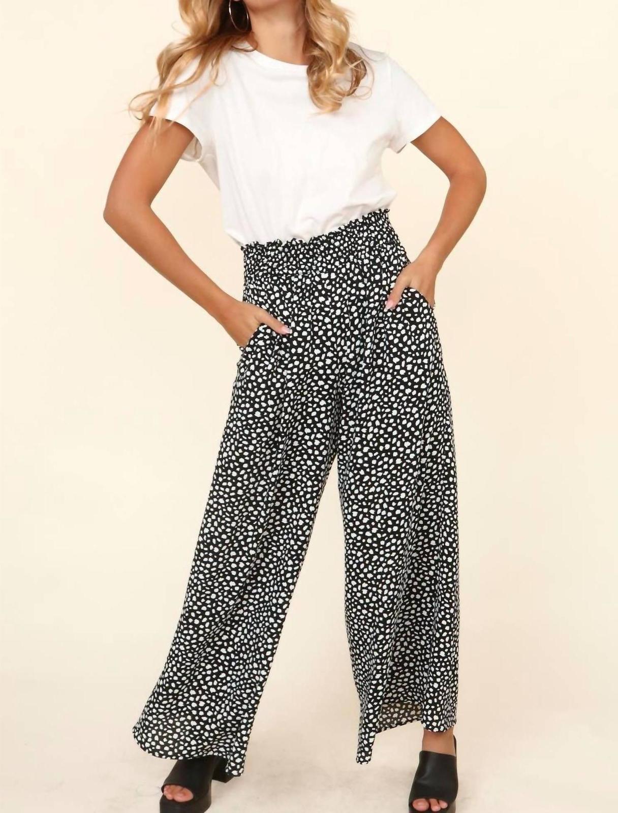 Haptics Smocked Waist Wide Leg Dotted Leopard Pants Black Leopard - $51.00