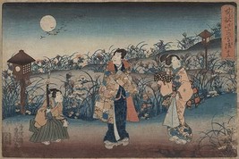 Moonlight Meeting of two Women and a man by Uragawa Toyokuni - Art Print - £17.37 GBP+