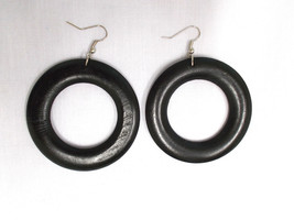 Bohemian Black Wood Donut Round Dangling Wooden Hoop Style Elemental Earrings - £6.31 GBP