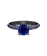 Women&#39;s 10K Black Gold Finish Round Blue Sapphire Halo Engagement Weddin... - $93.11 CAD