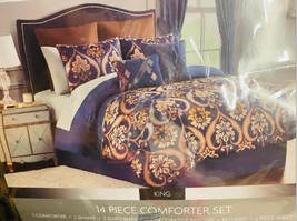 Signature Collection-8 Piece Comforter Set Navy Blue Gold Blush Brown Queen - £91.11 GBP