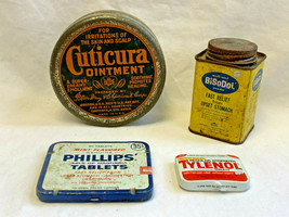 Lot of 4 Vtg Medicine Cans Tins Cuticura Ointment Bisodol Phillips Tylenol  - £23.88 GBP