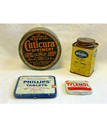 Lot of 4 Vtg Medicine Cans Tins Cuticura Ointment Bisodol Phillips Tylenol  - £23.99 GBP