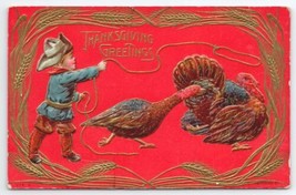 Thanksgiving Greeting Boy Roping Turkey Gold Gilt Postcard V21 - $12.95