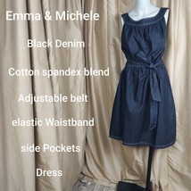Emma &amp; Michele Black Denim Side Pockets Belted Dress Size 12 - £14.38 GBP