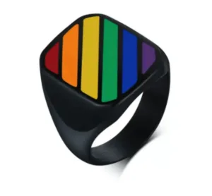 Steel Rainbow Spinner Signet Ring - Striped Design, High Quality Stainless Steel - £47.88 GBP