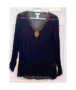 Worthington Petite Women&#39;s Black Sheer Metallic Gold Embellished V-Neck ... - $16.83