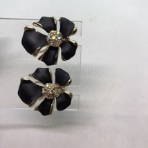 Vintage BSK Flower Clip Earrings Black Enamel Aurora Borealis cottagecore - £10.27 GBP