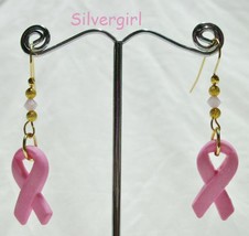 Pink Cancer Awareness Ribbon Dangle Earrings - $13.00
