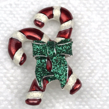 Candy Canes Green Bow Christmas Vintage Pin Brooch - $11.95