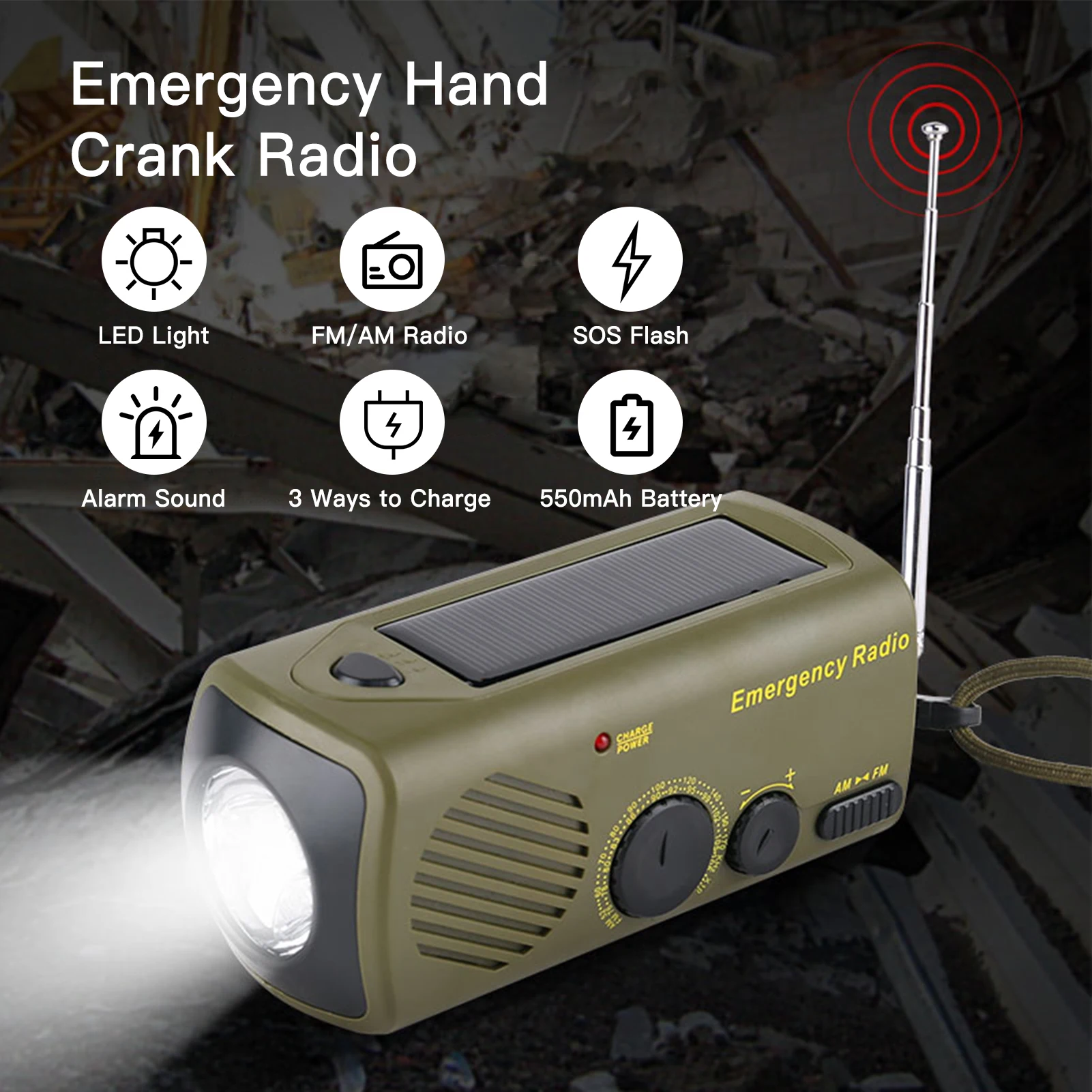  radio solar charging hand crank usb rechargeable radio with flashlight sos alarm am fm thumb200