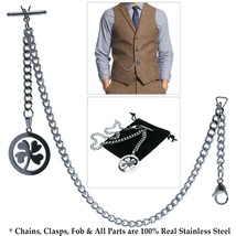 Stainless Steel Albert Pocket Watch Chain for Men T Bar Lucky Four Leaf Fob 05 - £16.65 GBP