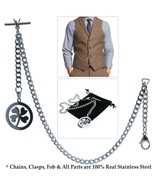 Stainless Steel Albert Pocket Watch Chain for Men T Bar Lucky Four Leaf ... - $20.71