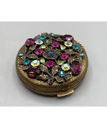 Vtg Sweet Romance USA Floral Jeweled Compact Mirror Brass Colorful Stones - $38.22