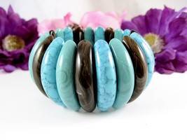 Bracelet Vintage Stretch Green Blue Brown Elastic Marbled Big Beads Plastic - £16.61 GBP