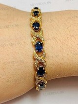 7.50CT  Oval Cut Simulated Blue Sapphire Gold Plated 925 Silver Tennis Bracelet - £166.69 GBP