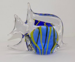 Art Glass Angel Fish Paperweight Nautical Decor Figurine Blue Yellow - £15.81 GBP