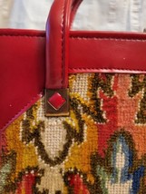 Vintage Red Leather Purse with Omega Style Clasp Tapestry Panel on Front - £19.47 GBP