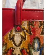 Vintage Red Leather Purse with Omega Style Clasp Tapestry Panel on Front - £19.06 GBP