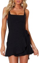 Spaghetti Strap Women&#39;s Casual Ruffle Hem Solid Wrap Dress Short Dress - £59.25 GBP