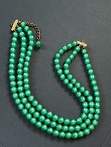 Vintage Triple Strand Round Green Moonglow Plastic Bead Necklace w Clear Rhinest - £8.85 GBP