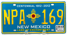 New Mexico Centennial License Plate- NPA 169 -Land Of Enchantmnt-Expired 3/18 - £14.20 GBP