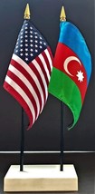 1 American &amp; 1 Azerbaijan Mini Rayon 4&quot;x6&quot; Desk Flag Set with White 2-Ho... - $13.95