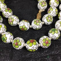 Vintage Chinese Export Cloisonné Enamel Beads Necklace 25&quot; Green White - £94.10 GBP