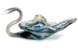 Vintage Blown Glass Swan Dish Pin Tray Striated Colors Blue Rust Small Chip - £11.09 GBP