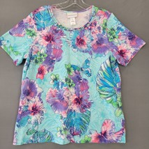 Alfred Dunner Women Shirt Size M Blue Preppy Stretch Boho Floral Short Sleeves - £10.07 GBP