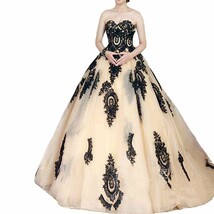 An item in the Fashion category: Kivary Gothic Champagne and Black Lace Ball Gown Formal Corset Long Prom Wedding