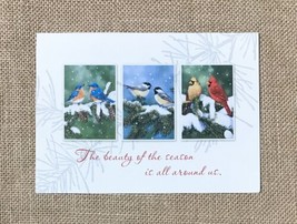 Winter Birds In Snow Covered Pine Trees Christmas Card Holidays Festive - £2.17 GBP
