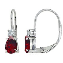 14K White Gold Plated Simulated Ruby White Topaz Teardrop Leverback Earrings - £51.35 GBP