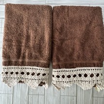 Set Of 2 Vintage Cannon Monticello Cocoa/Brown Hand Towels W/Crochet Trim Boho - £18.51 GBP