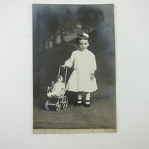 RPPC Photo Postcard Girl 3 Years Old Gladys Raman &amp; Doll Stroller Antique 1910 - £23.97 GBP