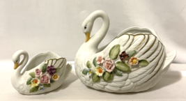 Set of 2 Swans Candy Dish Floral Flowers Porcelain Home Decor Dishes Bowls Vases - £11.86 GBP