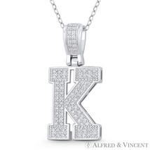 Initial Letter &quot;K&quot; Block Script CZ Crystal 925 Sterling Silver &amp; Rhodium Pendant - £18.67 GBP+