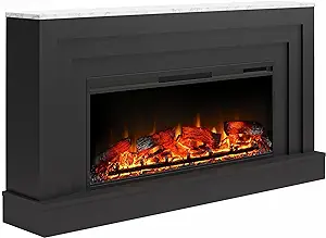 Lynnhaven Wide Mantel With Linear Electric Fireplace, Black W/White Faux Marble  - £588.62 GBP