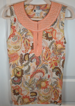 CAROLE LITTLE Peach Paisley Linen Blend Sleeveless Top Sz Medium 70s Retro - $23.76